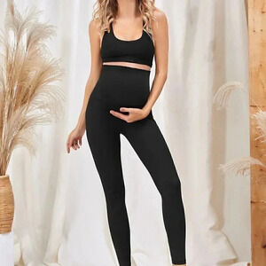 Black Casual Womens Maternity Solid Wide Waistband Sports Leggings